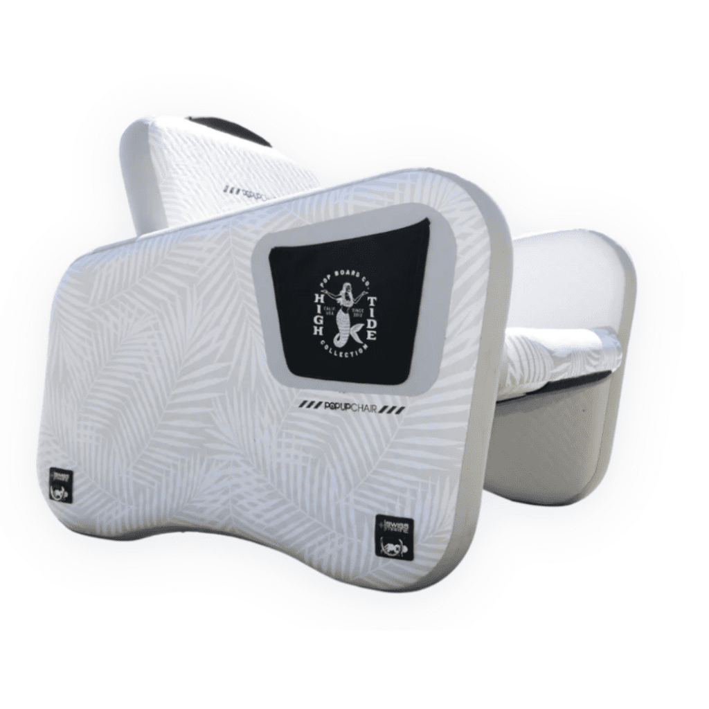 PopUp-Chair-Set Grey-White Two POPup inflatable chairs from the High Tide Collection in gray and white, featuring a pocket with a mermaid logo.
