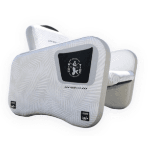 Two POPup inflatable chairs from the High Tide Collection in gray and white, featuring a pocket with a mermaid logo.