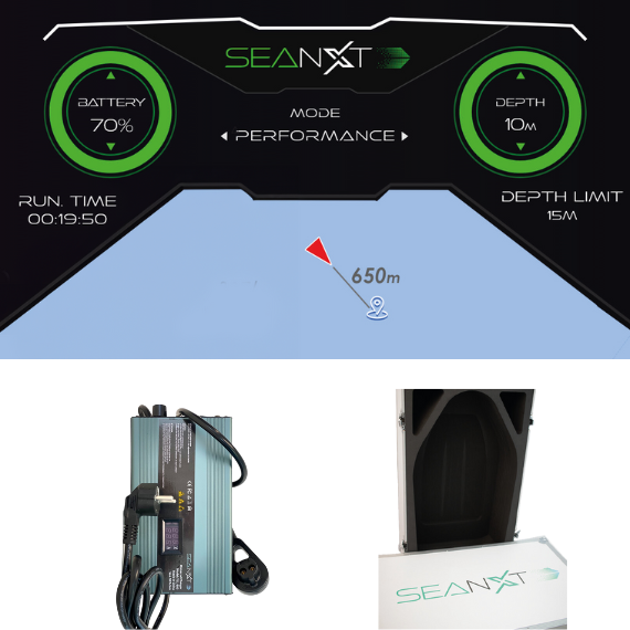 SeaNXT-Elite-Features-Display SeaNXT Elite underwater scooter features, including an LCD display showing battery status, depth, run time, and performance mode, as well as the charger and the sleek design of the scooter.