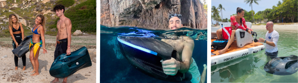 SeaNXT-Elite-Lifestyle-Usage SeaNXT Elite watercraft being used on the beach by three people, underwater by a diver, and on a popup dock by two people.