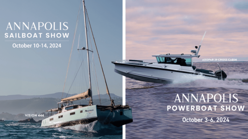 Thumbnail image for BLU3’s attendance at the 2024 Annapolis Sailboat Show (October 10-14) and Powerboat Show (October 3-6), featuring a diver sitting on a boat using BLU3 Nomad Mini dive system, alongside images of a sailboat and powerboat.