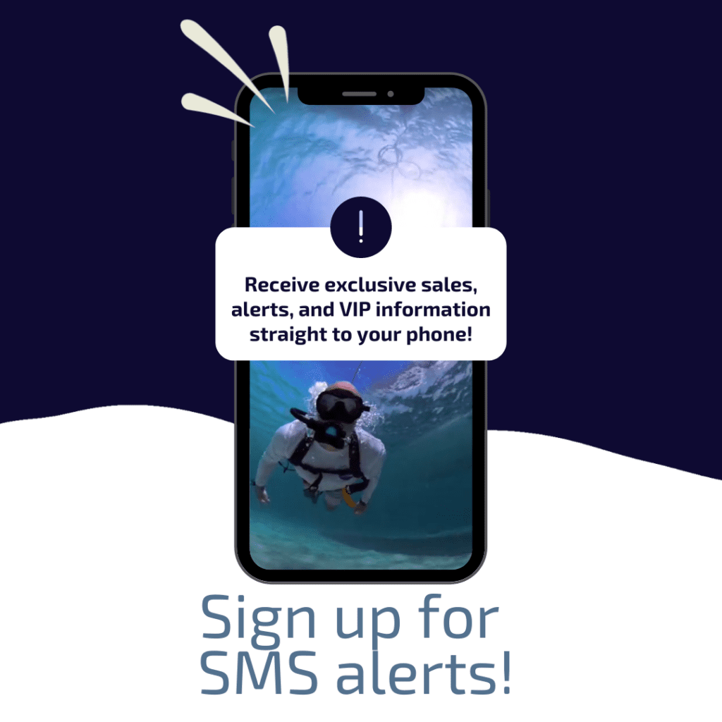 Underwater diver in scuba gear shown on smartphone screen with text promoting SMS alerts for exclusive sales and information.
