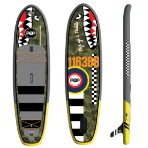 11'6 El Capitan Bomber inflatable paddle board featuring a bold military-inspired design with shark teeth graphics and vibrant yellow accents.