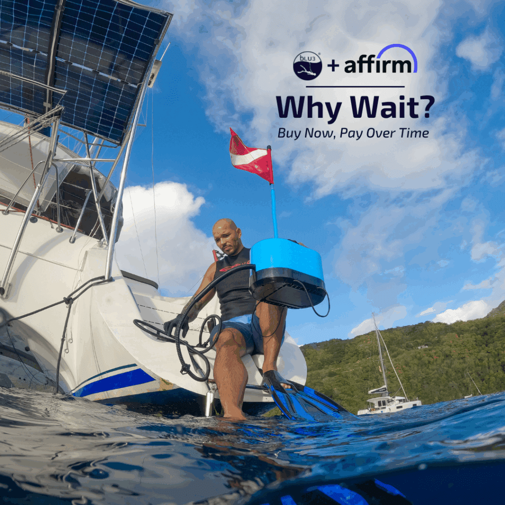 Diver stepping off a boat with a BLU3 portable diving ventilator system, showing how lightweight and convenient tankless dive gear is compared to traditional scuba tanks.