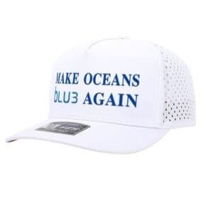Product photo showcasing the perforated white BLU3 mesh hat with blue embroidered text, designed for ocean enthusiasts.