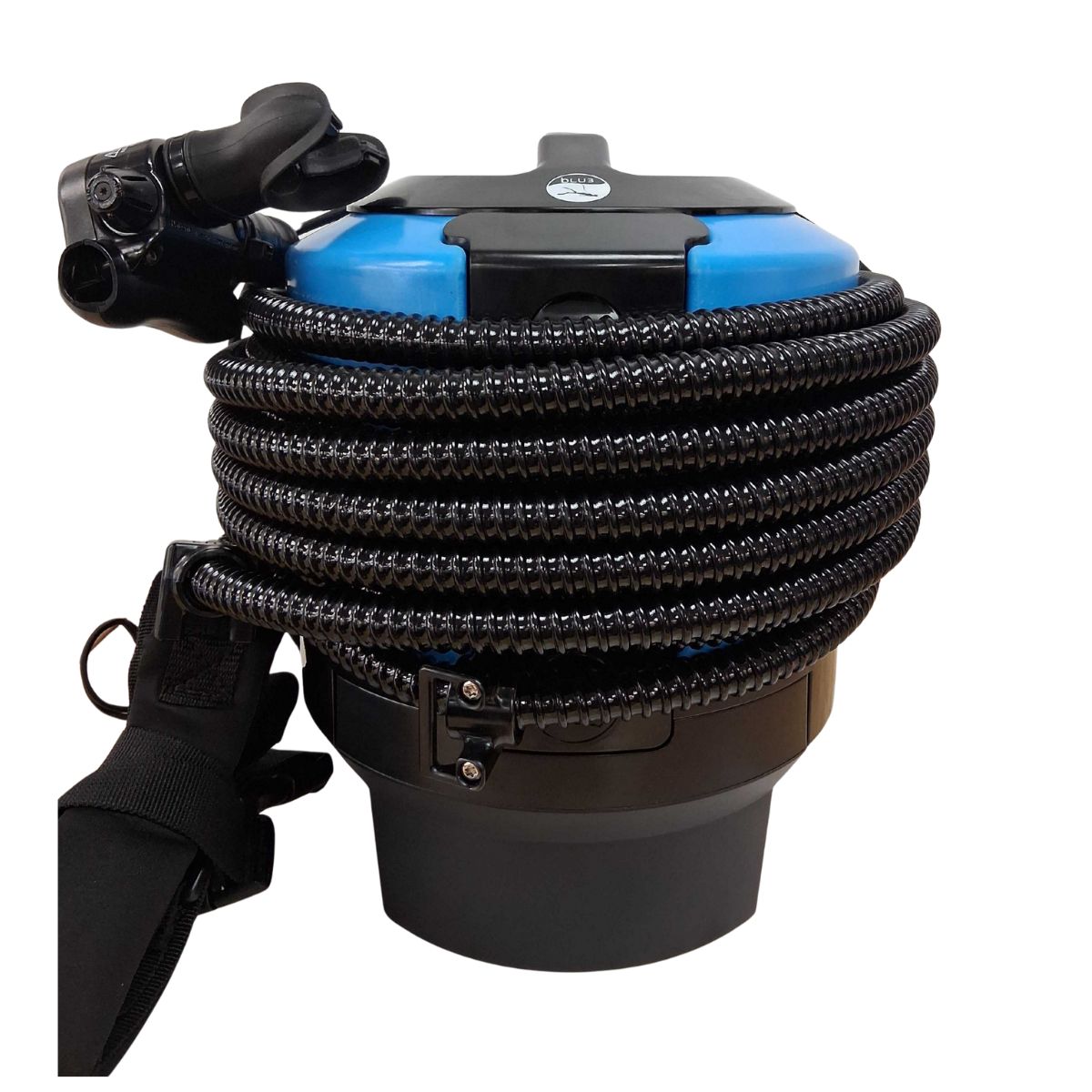 Rear view of BLU3 Nomad dive system equipped with Nomad 3X Battery, hose neatly wrapped for compact transport.