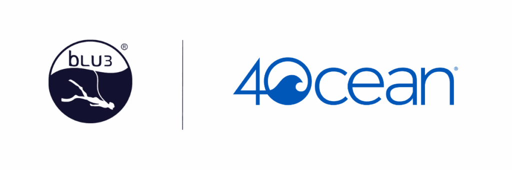 BLU3 and 4ocean partnership logo lockup representing the collaboration that supports verified ocean cleanup operations.