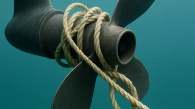 A boat propellor tangled with rope