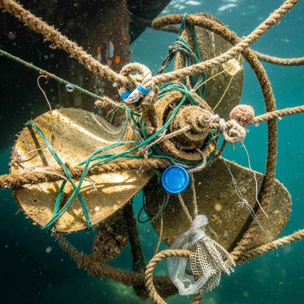 Close-up of propeller entangled with fishing lines underwater