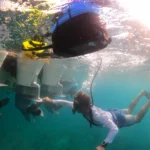 Diver inspecting underwater motors near a boat in clear blue water.