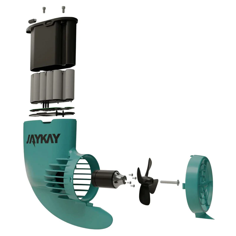 Exploded view of the JAYKAY paddle board electric motor system components
