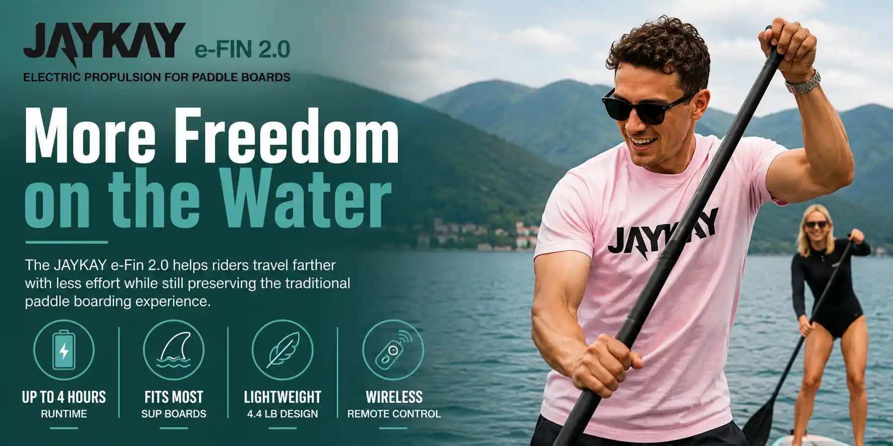 JAYKAY paddle board electric motor lifestyle banner showing riders enjoying more freedom on the water